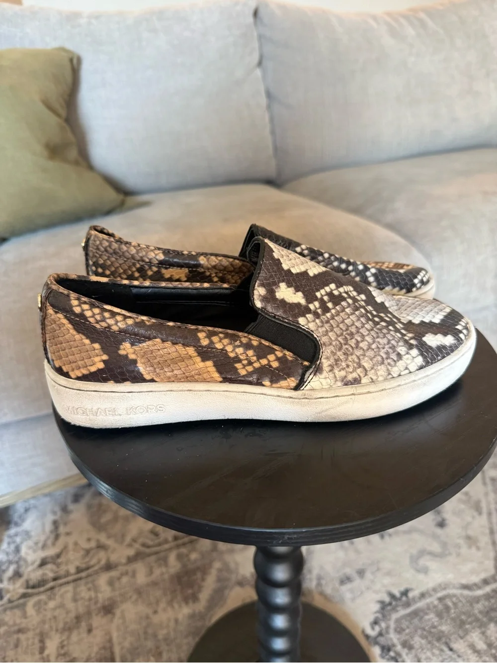 Michael Kors Black & Cream Snake-Print Slip-On Sneakers SZ 7